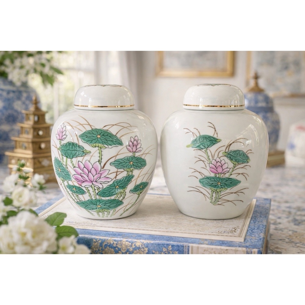 Vintage Pair Grandmillenial Chinoiserie Lotus Porcelain Ginger Jars with Lids